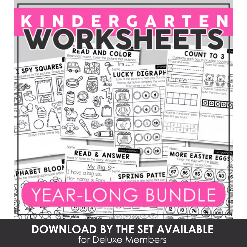 Collection of kindergarten worksheets including read and color, count, and alphabet activities, designed for early childhood education, available as a year-long bundle for teachers and parents.