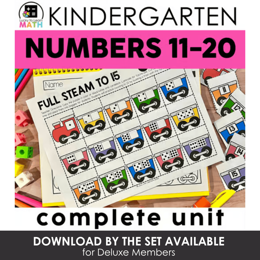 Kindergarten numbers 11-20 complete unit with colorful train-themed worksheets for early math learning, available for download on Lucky Little Learners website.