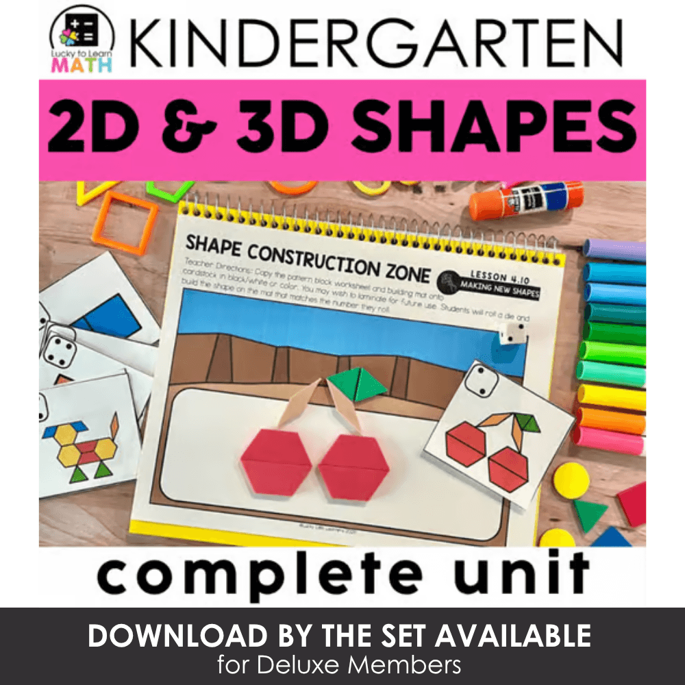 Educational materials for kindergarten 2D and 3D shapes, including shape construction zone activity, colorful geometric shape cutouts, and learning tools for early math skills.
