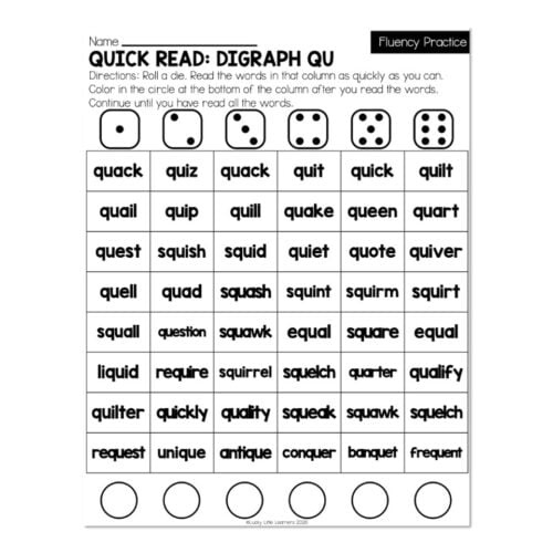 Educational worksheet for phonics practice featuring words with 'qu' and 'qu' blends, including images of dice and circles for interactive learning activities.