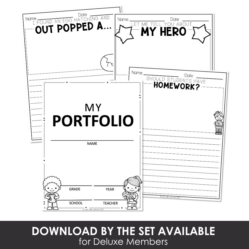 Collection of colorful student worksheets including a portfolio cover, hero story, and homework sheet, designed for early education and classroom activities.