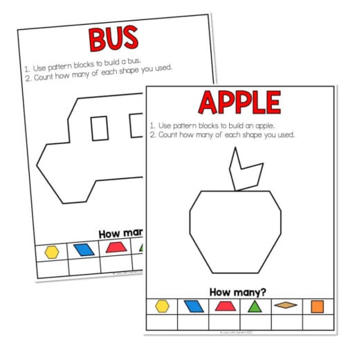 Pattern block activity sheets for building a bus and an apple, with instructions and shape count options for early childhood learning.