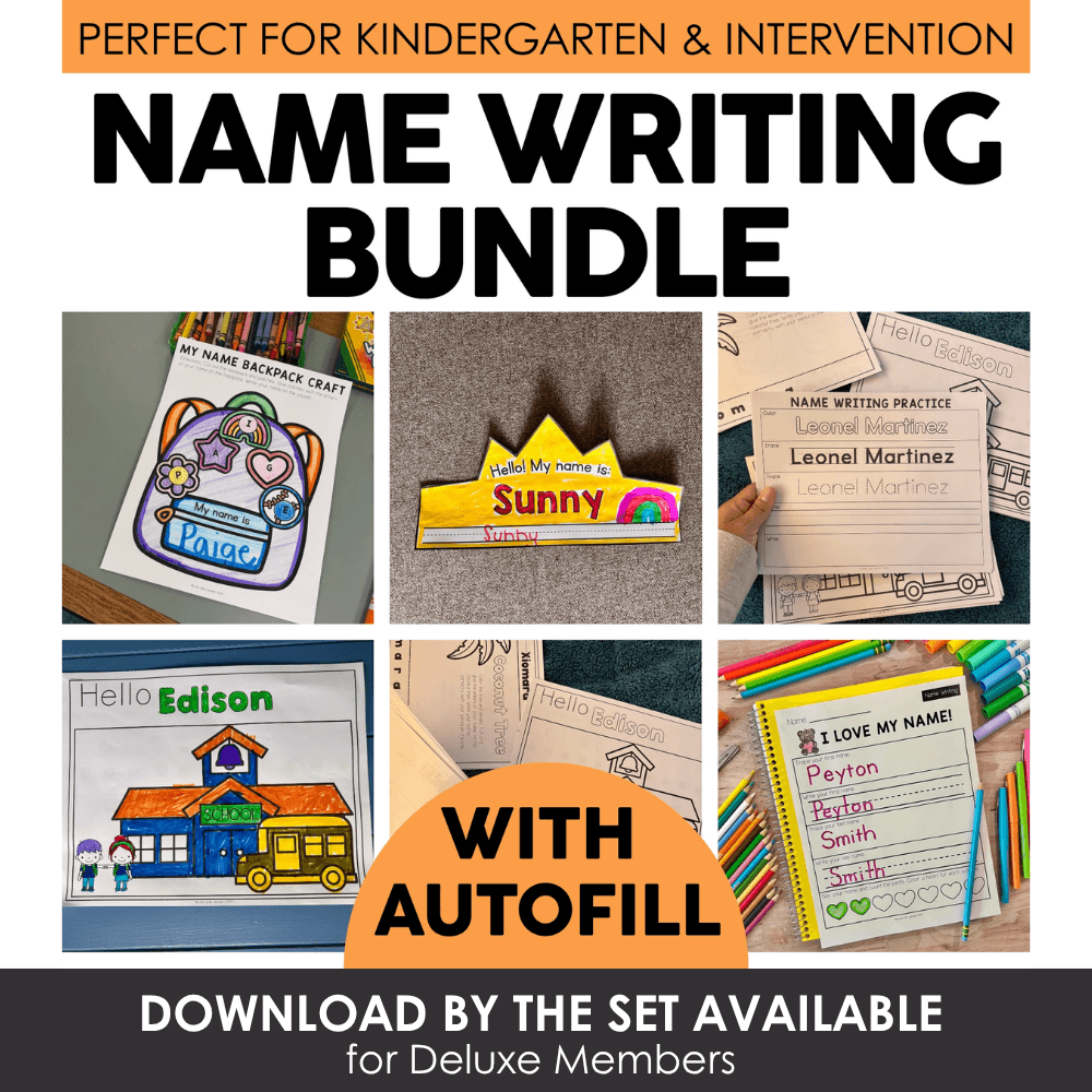 Lucky Little Learners name writing bundle featuring personalized name tags, coloring pages, and practice sheets for kindergarten and intervention students.