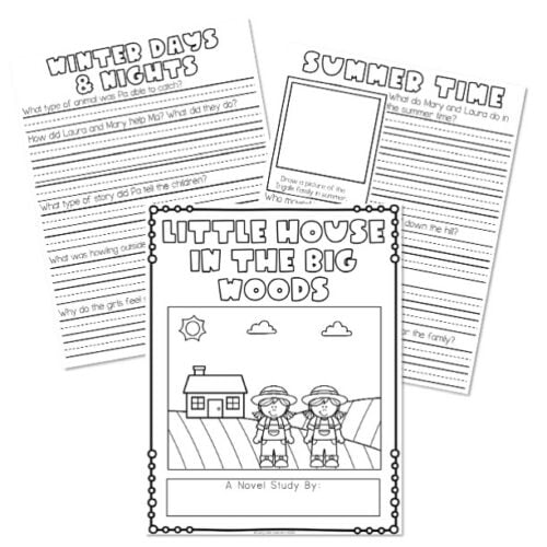 Educational worksheet titled 'Little House in the Big Woods' featuring activities on seasons and nature, designed for young learners to enhance reading and comprehension skills.