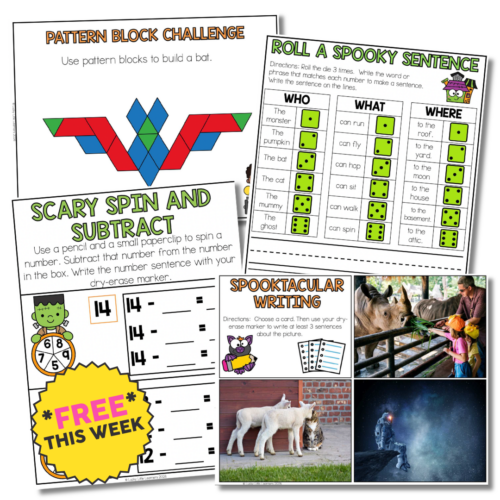 Collection of educational activity sheets from Lucky Little Learners, including pattern block challenge, spooky sentence roll, spin and subtract game, and spooky writing activities for kids.