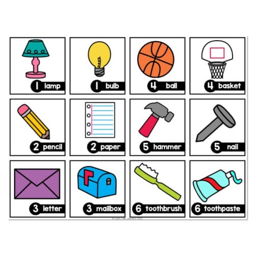 Colorful partner and group cards featuring images of a lamp, bulb, ball, basket, pencil, paper, hammer, nail, letter, mailbox, toothbrush, and toothpaste for educational activities.