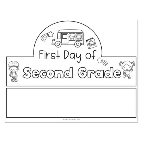 Black and white coloring page for first day of second grade with a school bus, children, and playful text reading 'First Day of Second Grade' for classroom activities.