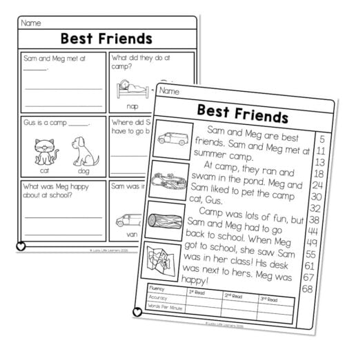 Illustration of a reading comprehension worksheet titled 'Best Friends' featuring a story about Sam and Meg's summer camp adventures, with spaces for answers and questions.