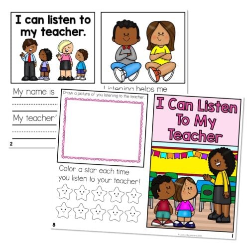 Educational social story for young children emphasizing listening to teachers, featuring diverse students and engaging activities for social-emotional learning.