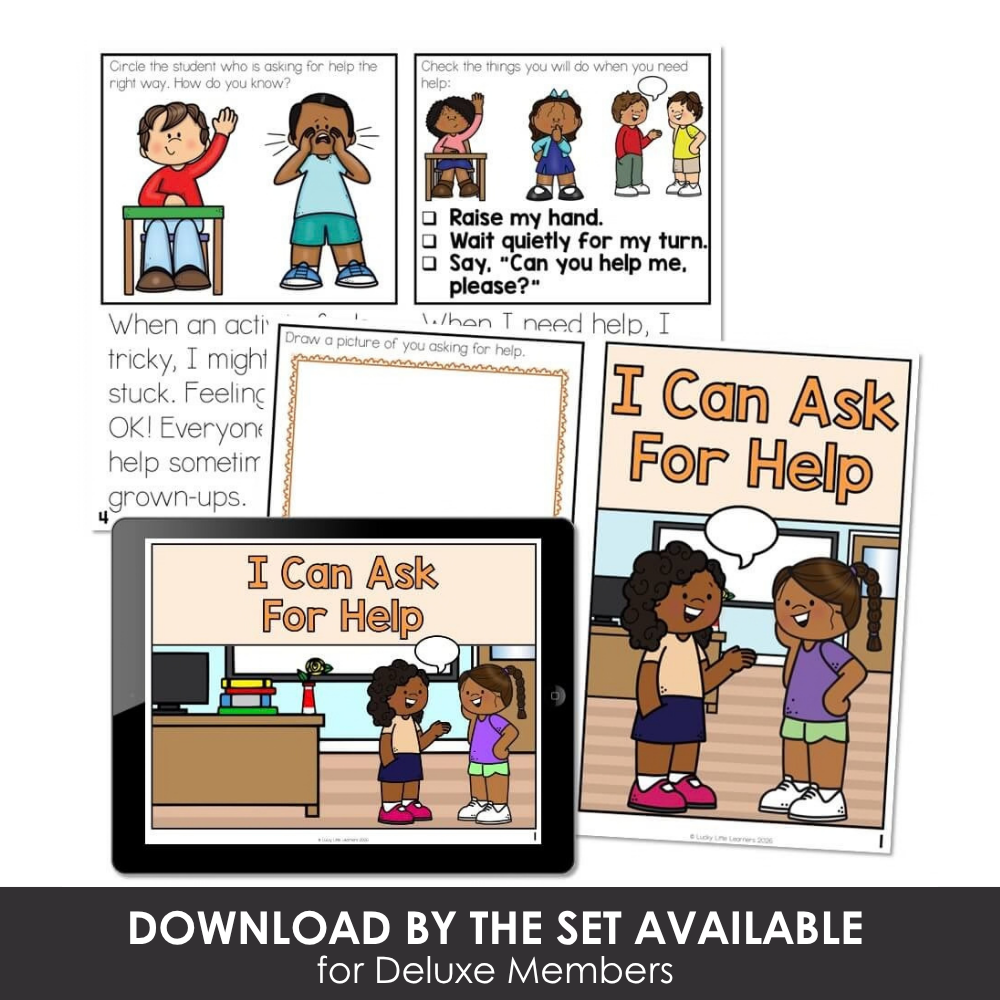 Educational set of images from Lucky Little Learners promoting asking for help, including children raising hands and asking for assistance in classroom settings.