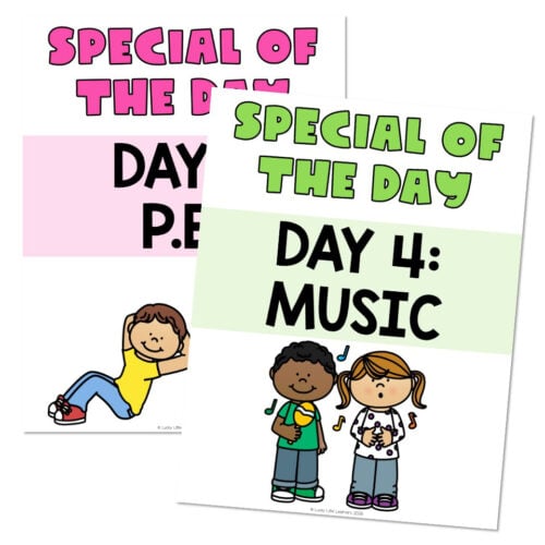Educational posters for 'Special of the Day' series featuring Day 4: Music, with colorful illustrations of children enjoying music activities, designed for early childhood learning.