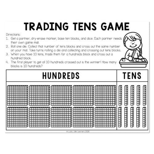 Trading Tens Game worksheet for teaching place value with tens and hundreds blocks, featuring instructions and visual aids for engaging math practice.