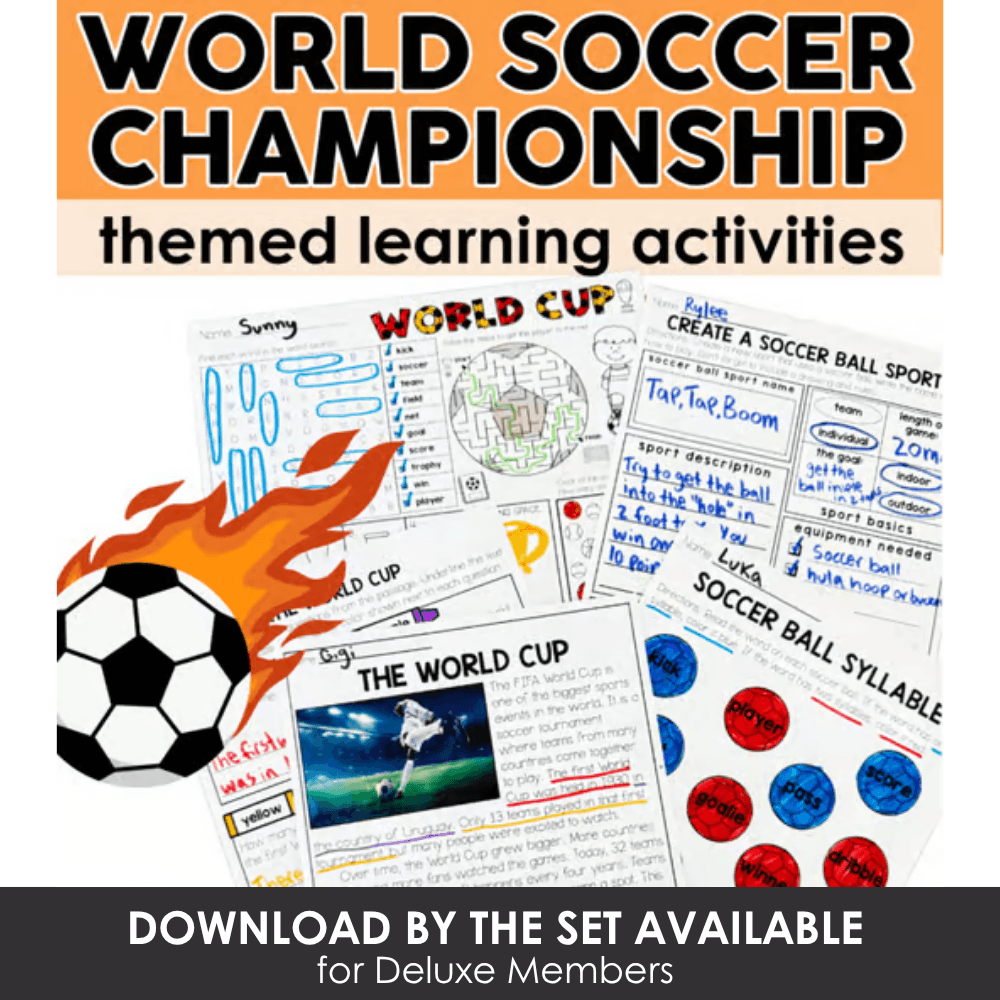 Colorful soccer-themed learning activities for children, including worksheets on the World Cup, soccer ball skills, and sports vocabulary, designed for educational fun.