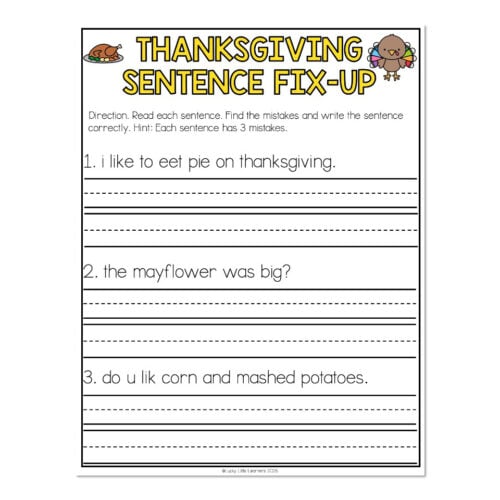 Morning Bins - November - Activity 5 - Thanksgiving Sentence Fix-Up