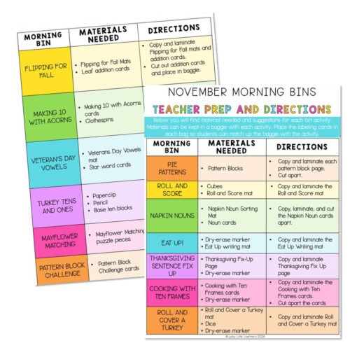 Morning Bins - November - Teacher Directions and Prep