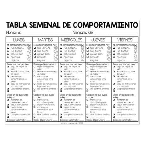 Weekly Behavior Chart - Spanish Version
